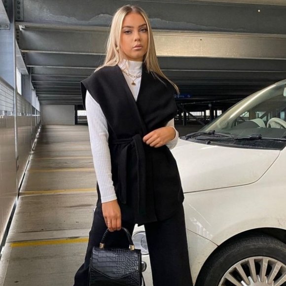 Black Wool Sleeveless Belted Vest Blazer Jacket - Picture 13 of 13